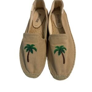 Soludos Palm Tree Embroidered Espadrille Flats Tan Canvas Slip On Shoes 8 Resort